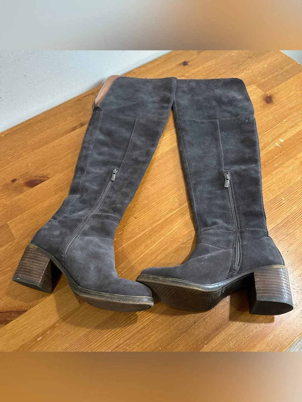 Lucky Brand Tall Over-the-Knee Suede Boots in Dark Gray with Brown Heel Accents